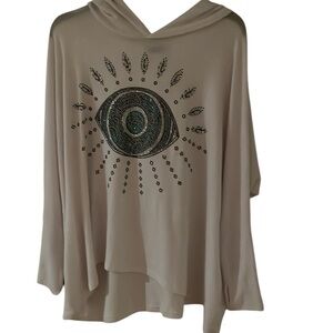 Lauren Moshi White Hooded Top sweatshirt with rhinestone Evil Eye Design